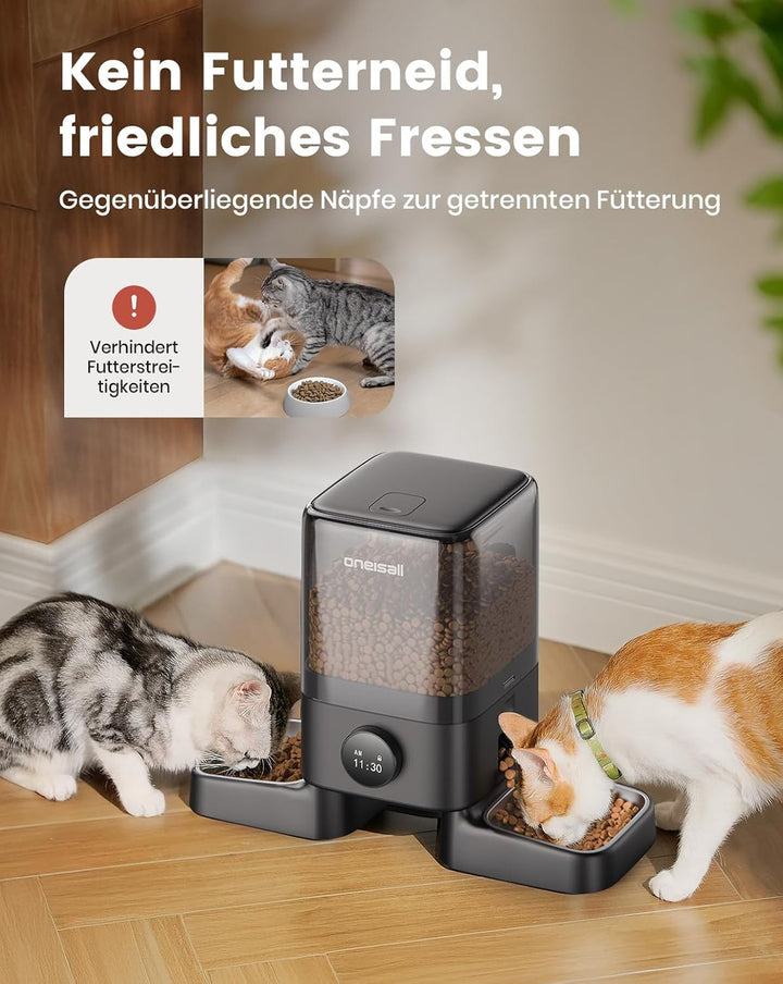 oneisall 5L Futterautomat Katzen 2 Näpfe, Katzenfutter Automat Kabellos mit 304 Edelstahlnapf, 1-6 M