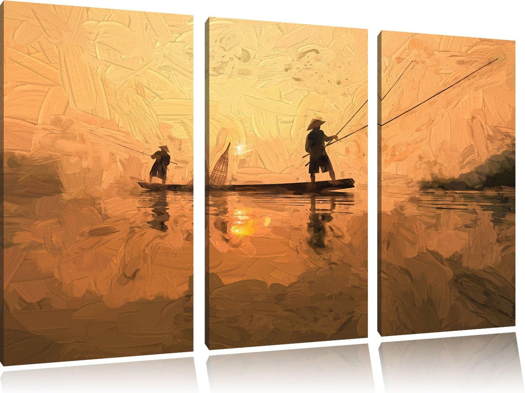 Pixxprint Fischer beim Angeln in Thailand / 3-Teilig/Gesamtmass 120cm Leinwandbild bespannt auf Holz