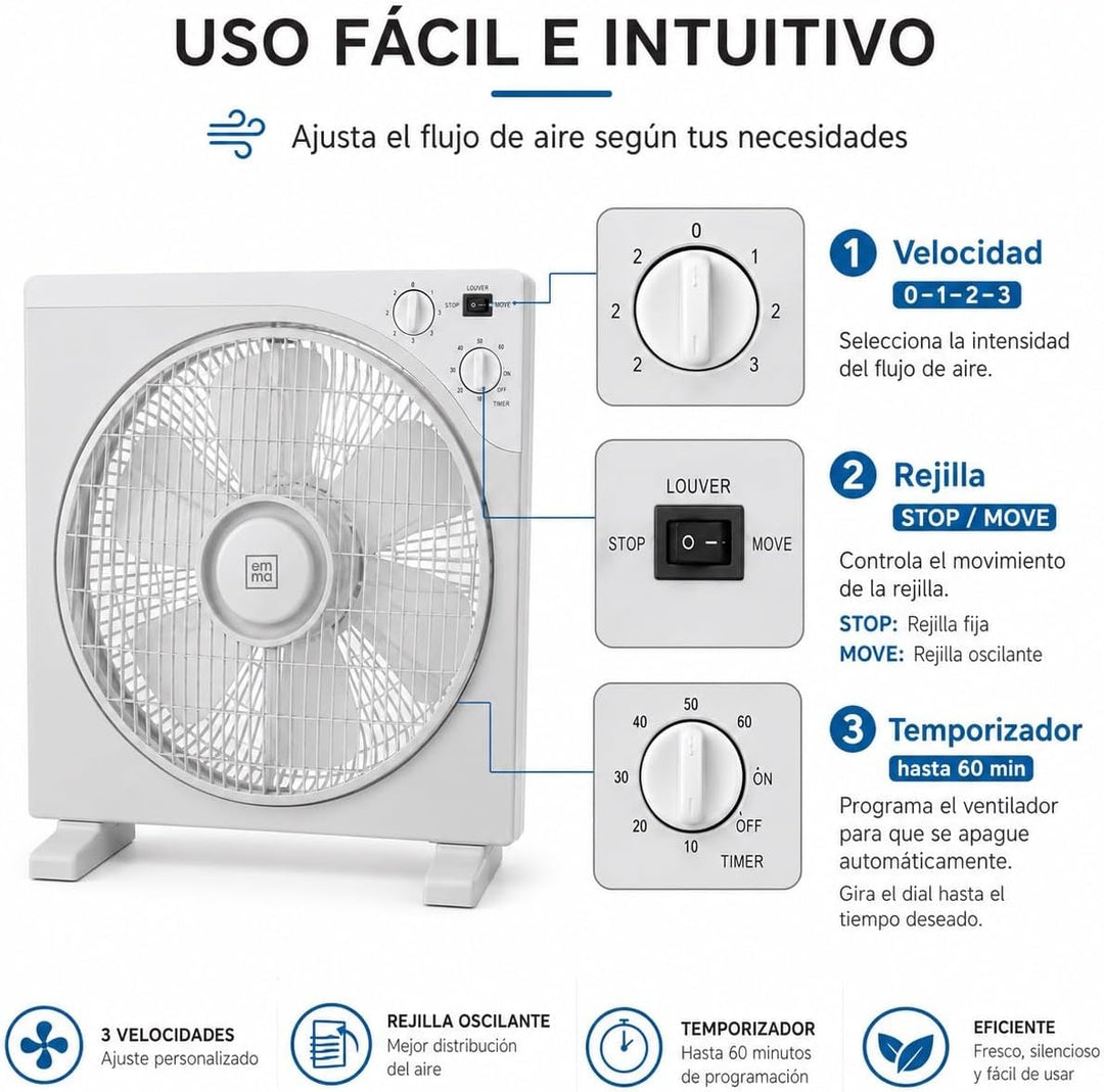 Quadratischer Tischventilator, 45 W, 33 cm, 3 Geschwindigkeiten, Rotationsgitter, Timer 60 min, Kipp