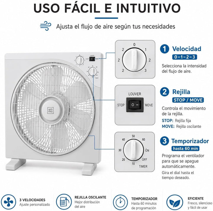 Quadratischer Tischventilator, 45 W, 33 cm, 3 Geschwindigkeiten, Rotationsgitter, Timer 60 min, Kipp