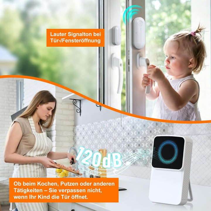 Fensteralarm Einbruchschutz, Tragbarer Empfänger mit 3 Sensoren | 5 Lautstärkestufen, 6-LED-Warnanze