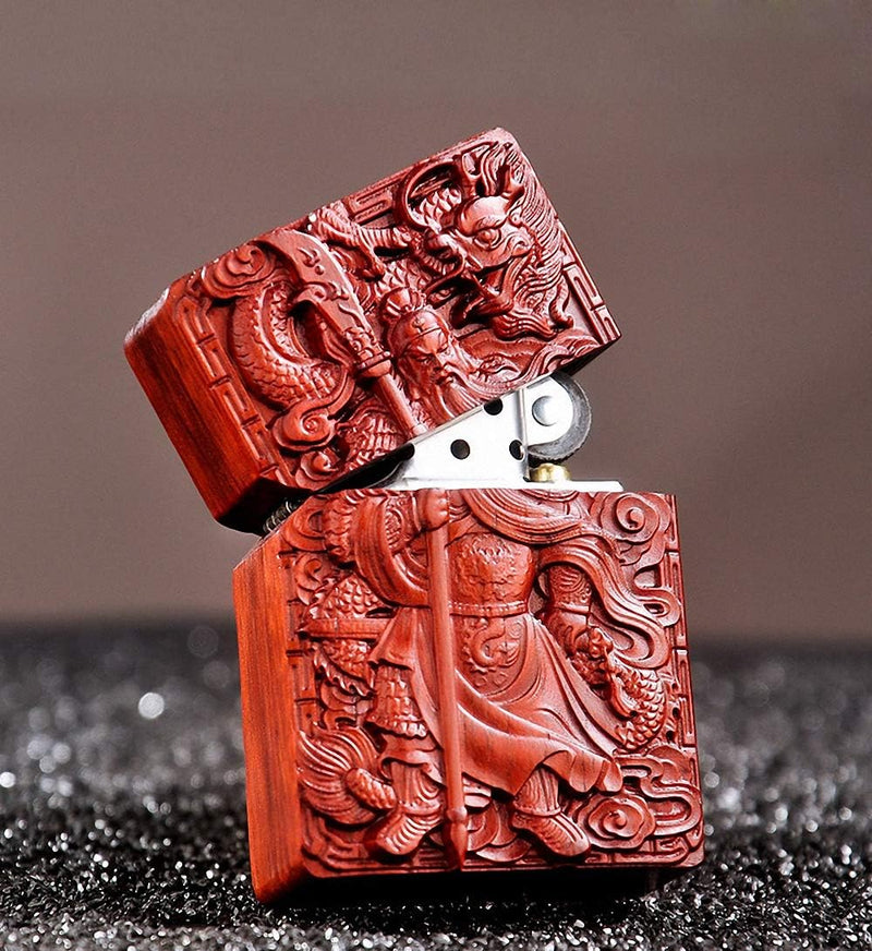 Generic Natural Huanghuali Rosewood Carving Lichter Outer Case for Zippo Module Guan Gong Yu Warrior