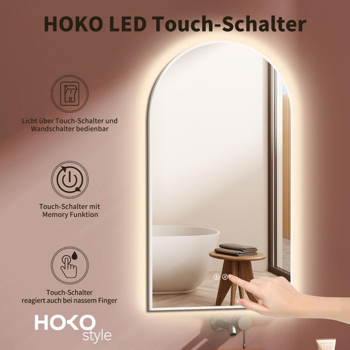 HOKO LED Bogenspiegel Beschlagfrei 50x90 cm / 90x50 cm Modesto mit Weisser Metallrahmen, HOCH+QUER M