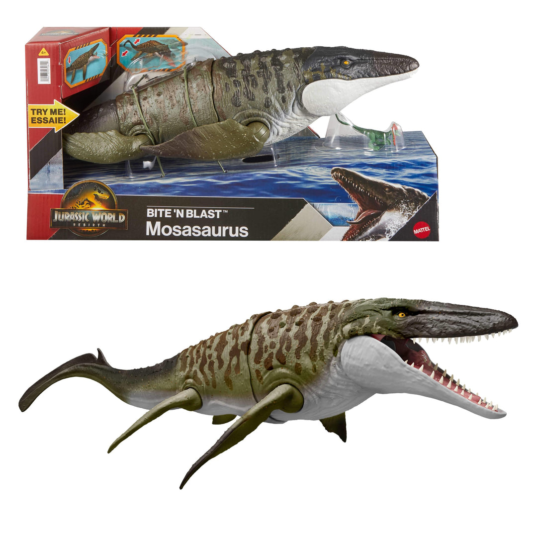 Mattel Jurassic World: Die Wiedergeburt Bite N Blast Mosasaurus Actionfigur und Mini-Dilophosaurus,