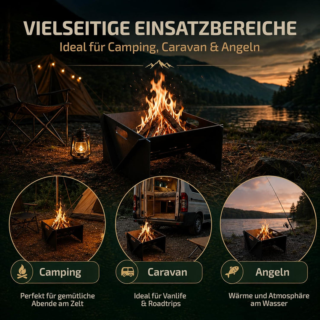 CAMBEL Feuerschale 4mm Stahl Camping Grill, tragbare Feuerstelle Outdoor, Stecksystem zerlegbar, kom