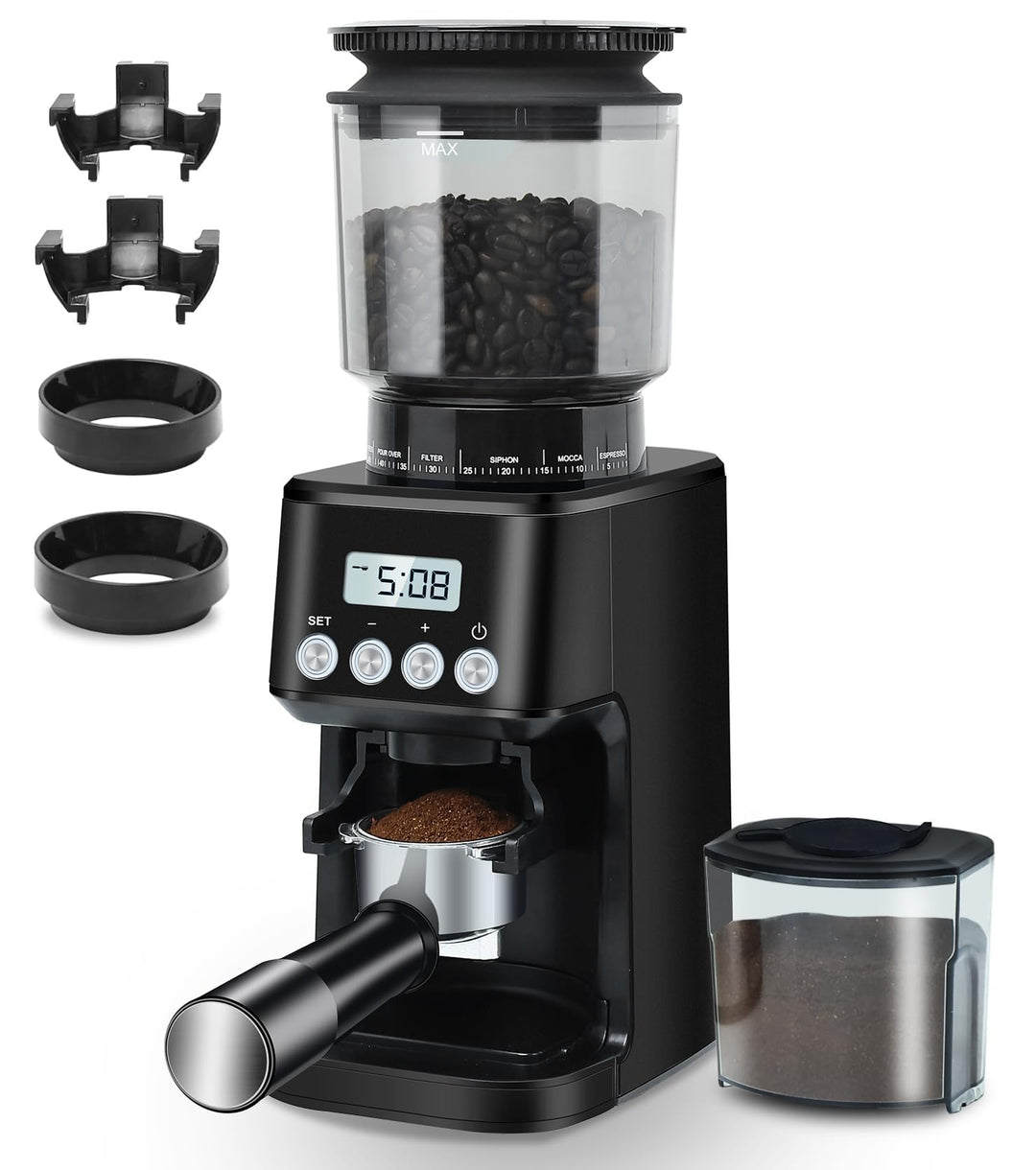 Homtone Kaffeemühle Elektrisch für Siebträger und Behälter, 51 Mahlstufen Kaffeemühle Siebträger Ele