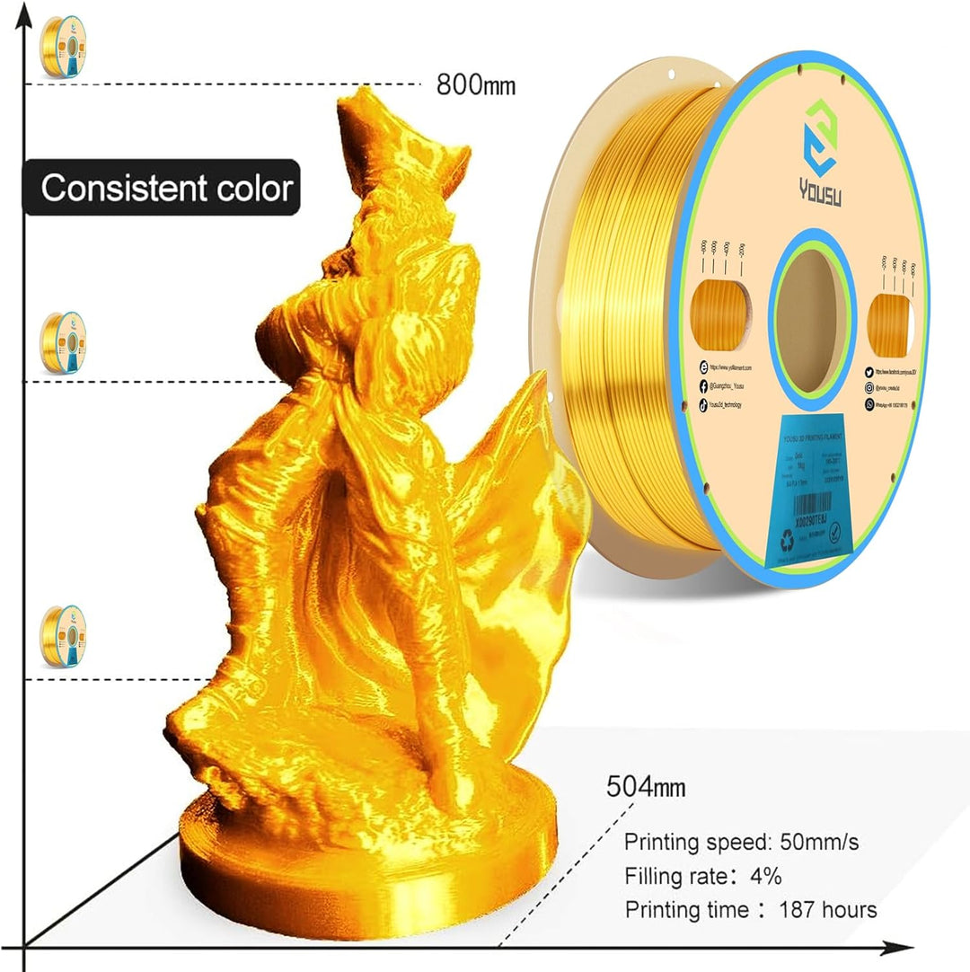 YOUSU PLA Filament 1.75, Silk PLA Gold, 3D Drucker Filament, PLA 1kg Spule, Glänzend Seide, Metallic