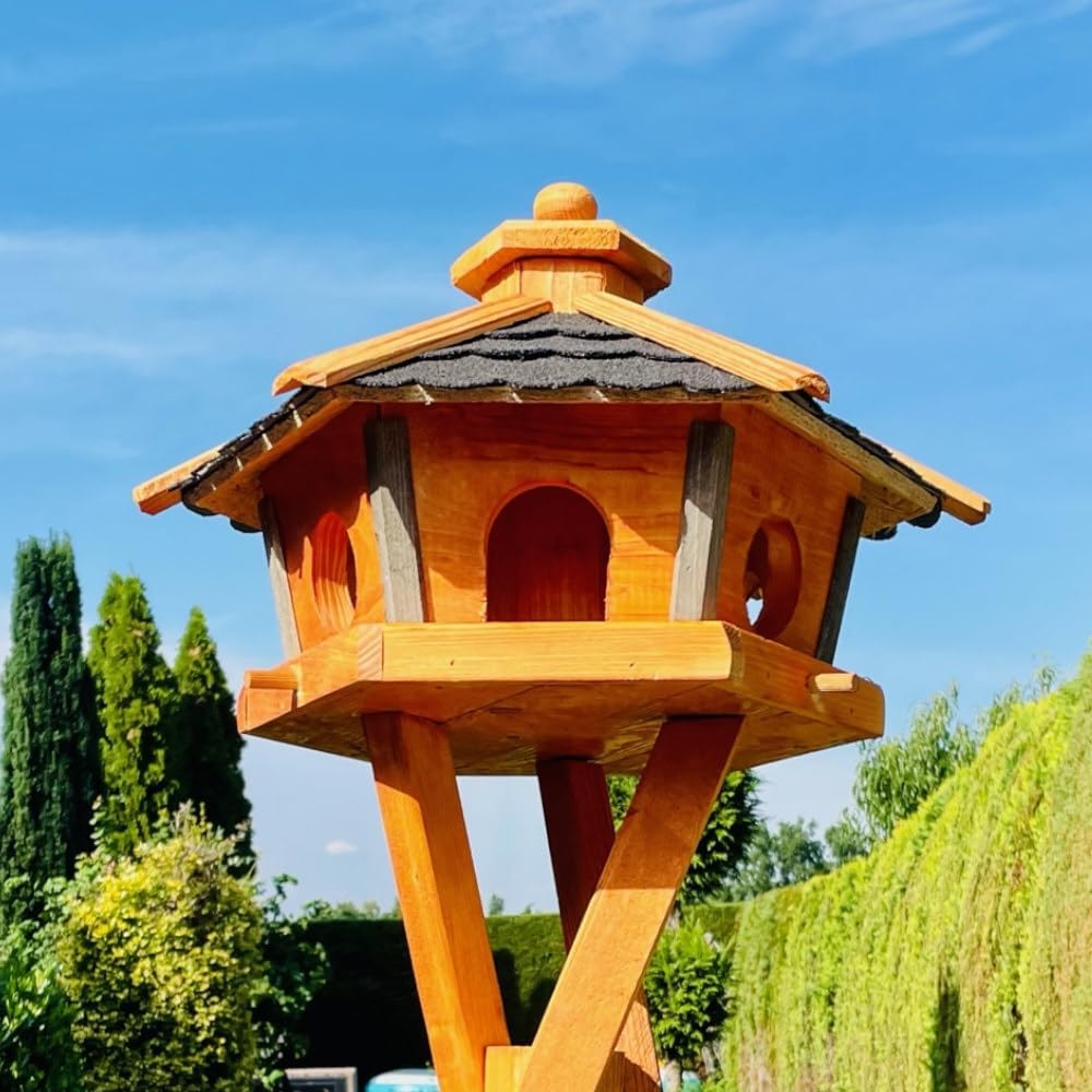 Vogel Futter Haus L oder XL Sechseck Holz Vogelhaus Futterstelle Braun/Blau, Rot, Schwarz und Grün (