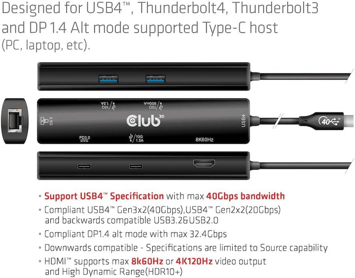 Club3D CSV-1599 USB4™ Gen3x2 Typ-C, 6-in-1 Hub mit HDMI™ 8K60Hz oder 4K120Hz, 2xUSB Typ-A(10G), Ethe