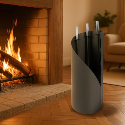 Kaminbesteck Kaminzubehör Set Kaminwerkzeug Ofenbesteck Anthrazit 4-in-1-Set mit Besen, Schaufel, Ei