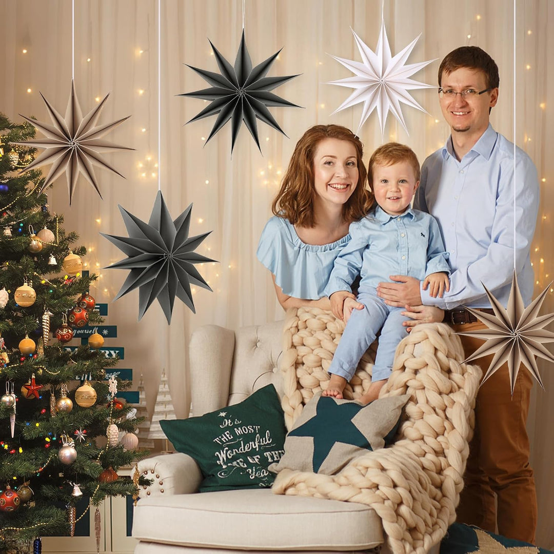 5 Stück Papiersterne Weihnachten Braun 30cm Grau 12 Zacken Papiersterne Faltsterne mit Klettverschlu