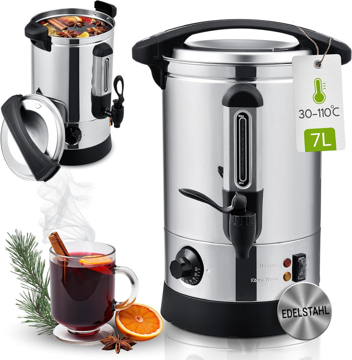 Juskys Glühweinkocher Teramo 7 Liter 1500W mit Zapfhahn, Thermostat & Überhitzungsschutz, 30-110°C,