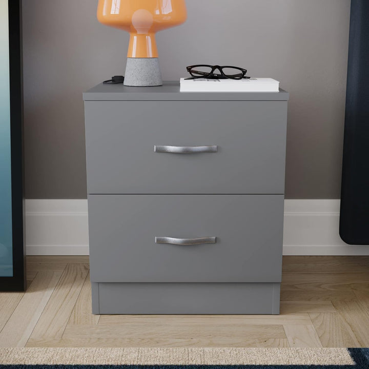 Vida Designs Riano Nachttisch mit 2 Schubladen, Glas Holzwerkstoff, Grau, H 47 x W 40 x D 36 cm Apro