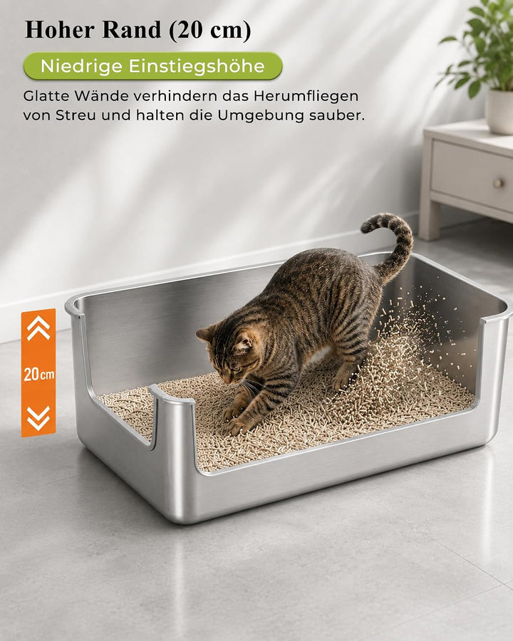 Katzenklo Edelstahl niedriger Einstieg, Katzentoilette mit hoher Rand 20CM. | 50x35cm Metall Katzent
