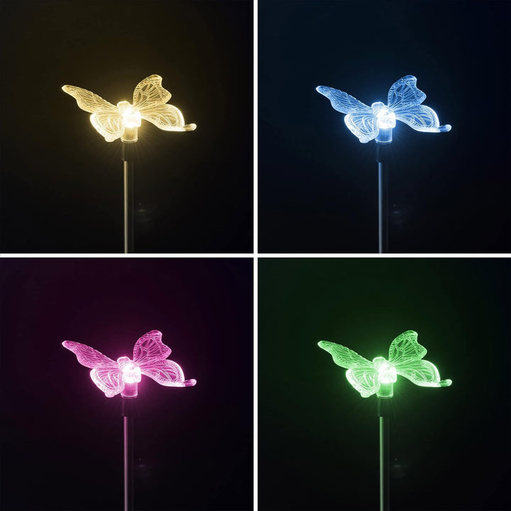 Bonetti 4er Set LED Solar Gartenstecker - Solarstecker mit Farbwechsel (Schmetterling, Libelle, Blum