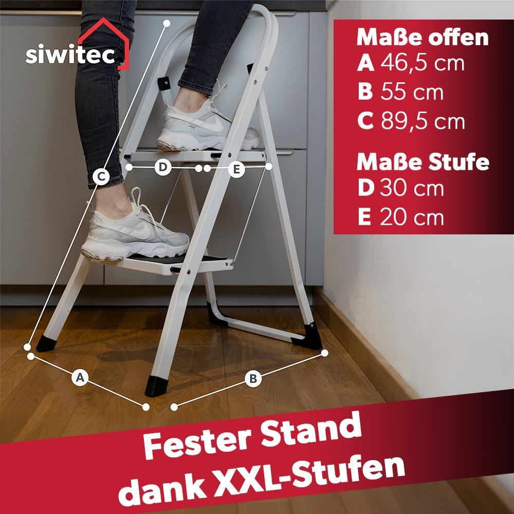 siwitec Klapptritt aus Stahl mit 2 Stufen, Weiss, kleine Leiter mit Anti-Rutschmatten, 150 kg Tragla