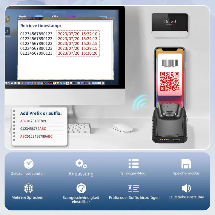 NETUM Bluetooth 2D Barcode Scanner, 3-in-1 Small Portable QR Bar Code Reader Automatic Wireless Gun