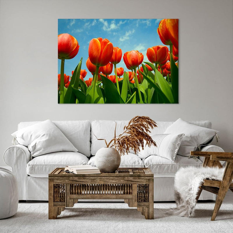 Bilder auf Leinwand 100x70cm Leinwandbild Tulpe Blume blauer Himmel Gross Wanddeko Bild Schlafzimmer