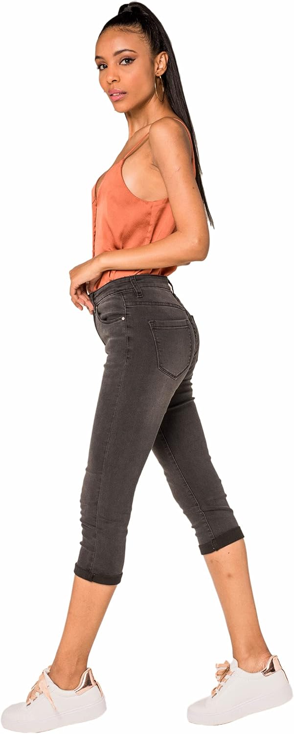 Nina Carter P132 Damen Capri Skinny Fit Jeanshosen HIGH Waist Jeans Used-Look Waschungseffekt L Slim