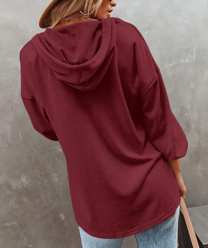 VIGVAN Kapuzenpullover Damen Hoodie Langarm V-Ausschnitt Pullover Knopfleiste Henley Sweatshirt mit