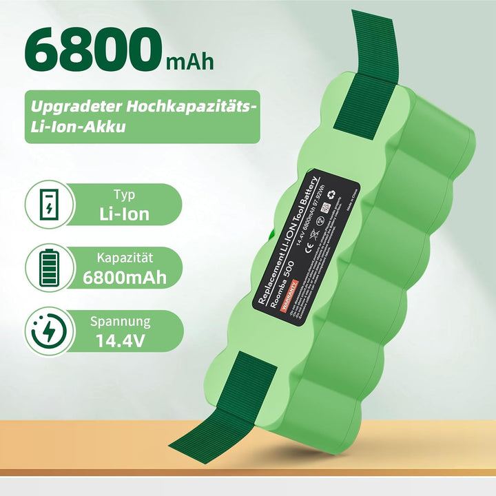 6800mAh 14,4V für iRobot Roomba Akku, Ersatzakku für iRobot Roomba 500 521 530 560 563 565 600 605 6