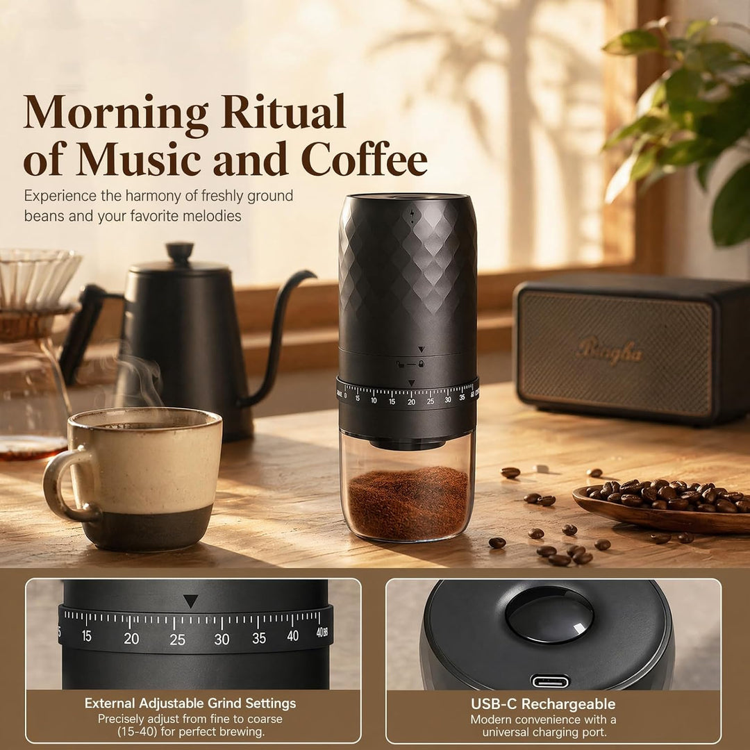 Elektrische Kaffeemühle, Tragbare Kaffeemühle mit 40 Einstellbarem Mahlgrad, Wiederaufladbare USB-C