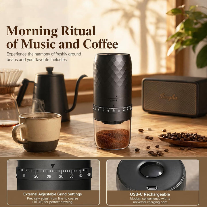 Elektrische Kaffeemühle, Tragbare Kaffeemühle mit 40 Einstellbarem Mahlgrad, Wiederaufladbare USB-C