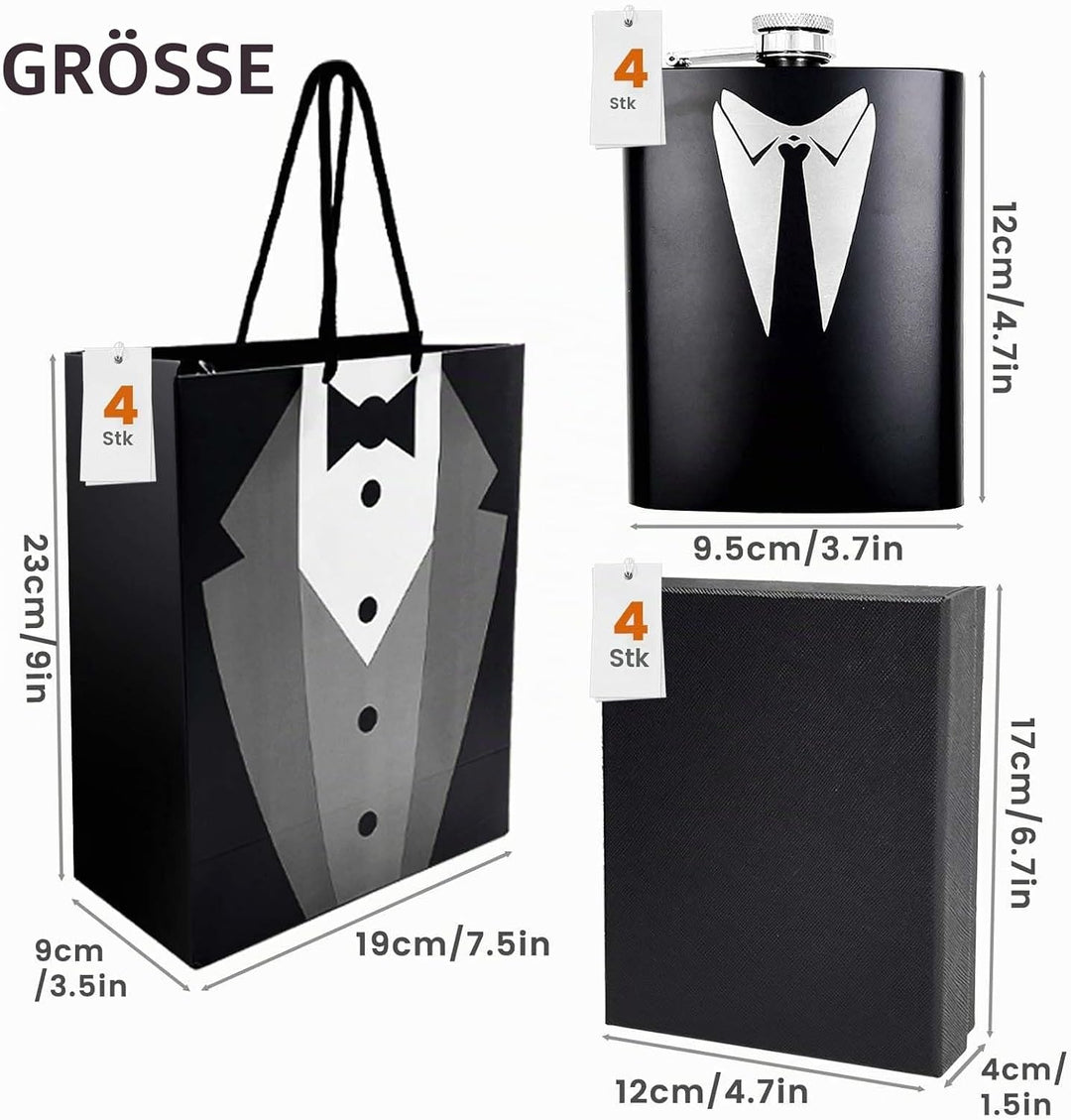 Daily Treasures 4er-Set Whiskyflaschen mit Anzuggravur | 236ml Edelstahl-Geschenkboxen | Auslaufsich