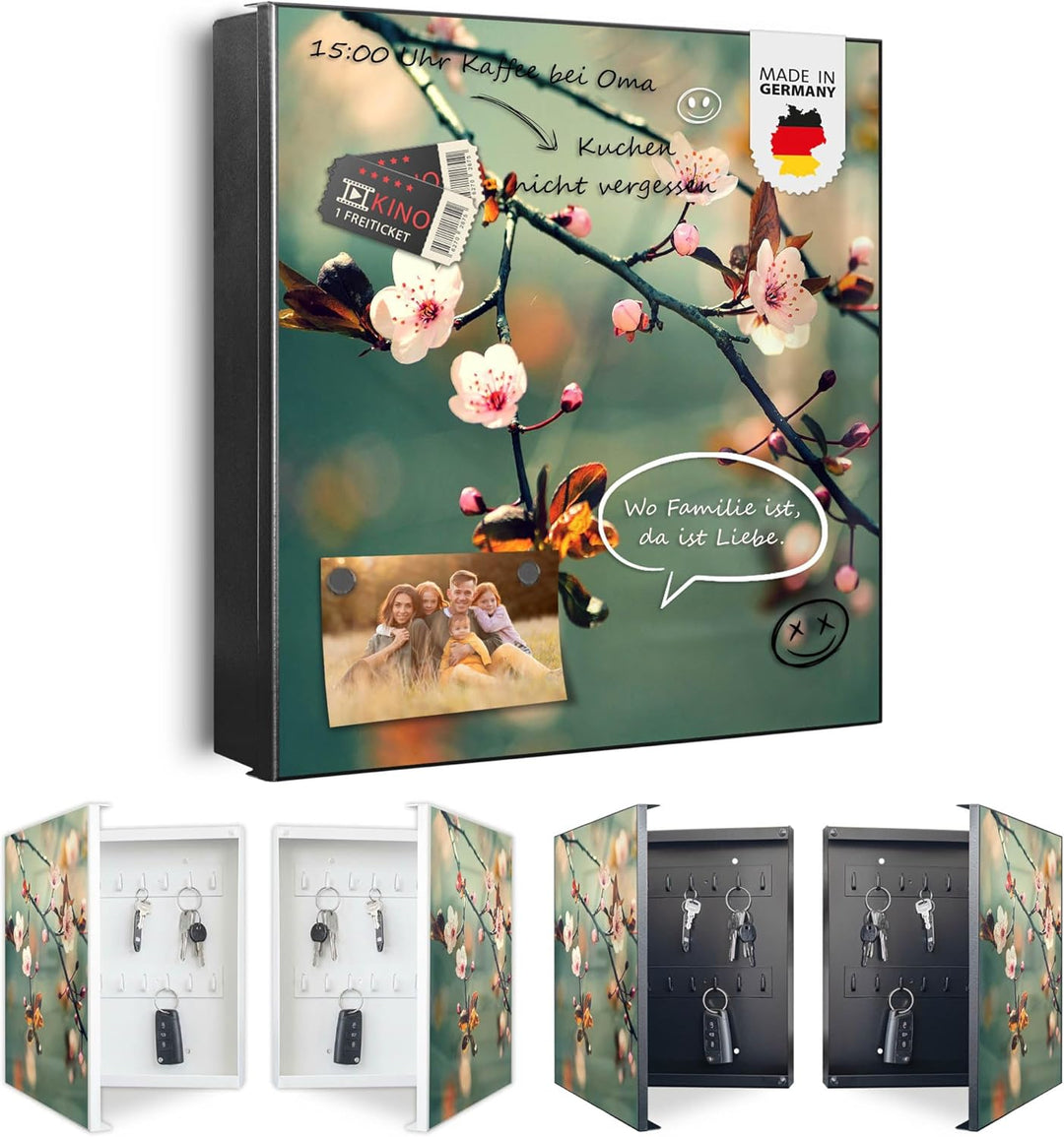 banjado® Grosser Schlüsselkasten Glas/Schlüsselbox 30cm x 30cm mit 50 Haken - Motiv Japankirsche/Sch
