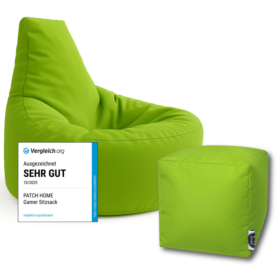 PATCH HOME Gamer Kissen Lounge Kissen Sitzsack Sessel Sitzkissen Bean Bag + Würfel/Hocker mit Reissv