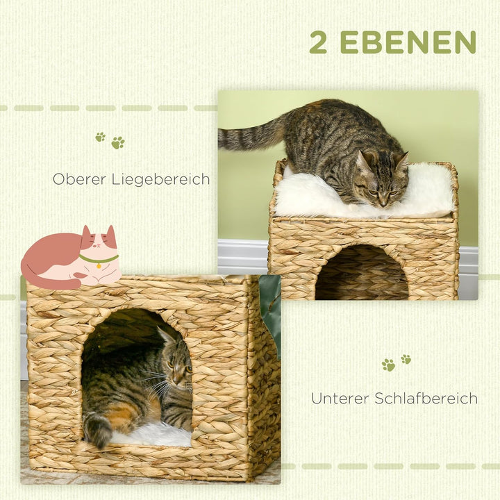PawHut Rattan Katzenhaus, Katzenhöhle mit Kissen, Katzenbett mit 2 Ebenen, Katzenkorb, Katzenhütte f