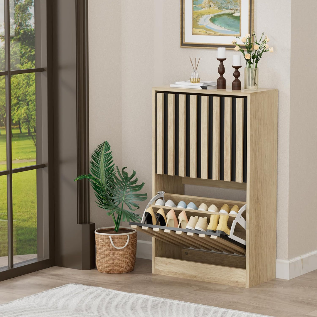 UEV Schuhschrank mit 2 Klappen Holz, Schuhregal Schmal (Natur+Schwarz) | Schuhkipper mit Kippschutz
