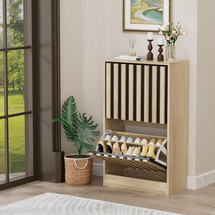 UEV Schuhschrank mit 2 Klappen Holz, Schuhregal Schmal (Natur+Schwarz) | Schuhkipper mit Kippschutz