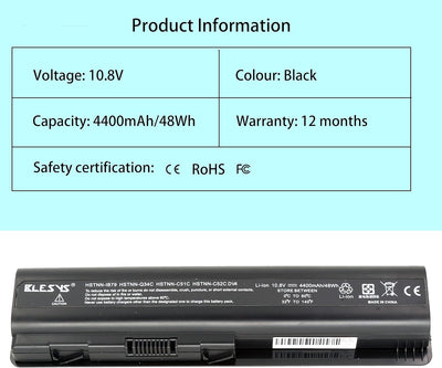 BLESYS Akku für HP Compaq 484170-001 484171-001 484172-001 485041-002 485041-003 Laptop 10.8V/4400mA