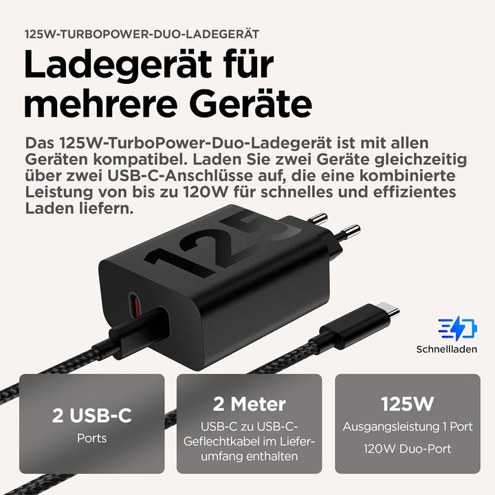 Motorola 125W-TurboPower-Duo-Ladegerät (GaN Schnellladegerät mit 2 m 6,25A USB-C-auf-USB-C-Kabel zum