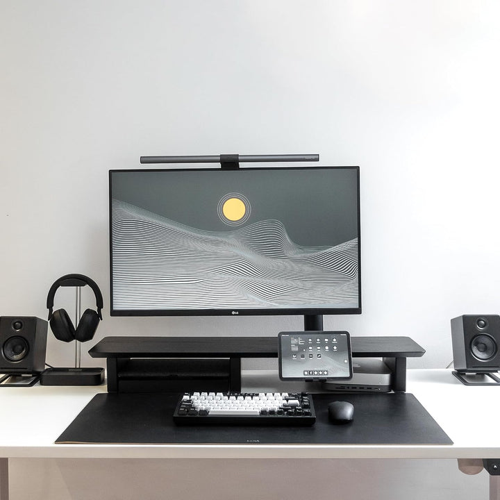 Schreibtischregal, Cockpit, Dual-Monitor-Setup-Ständer, schwarzes Holz, Schreibtisch-Organizer – sch