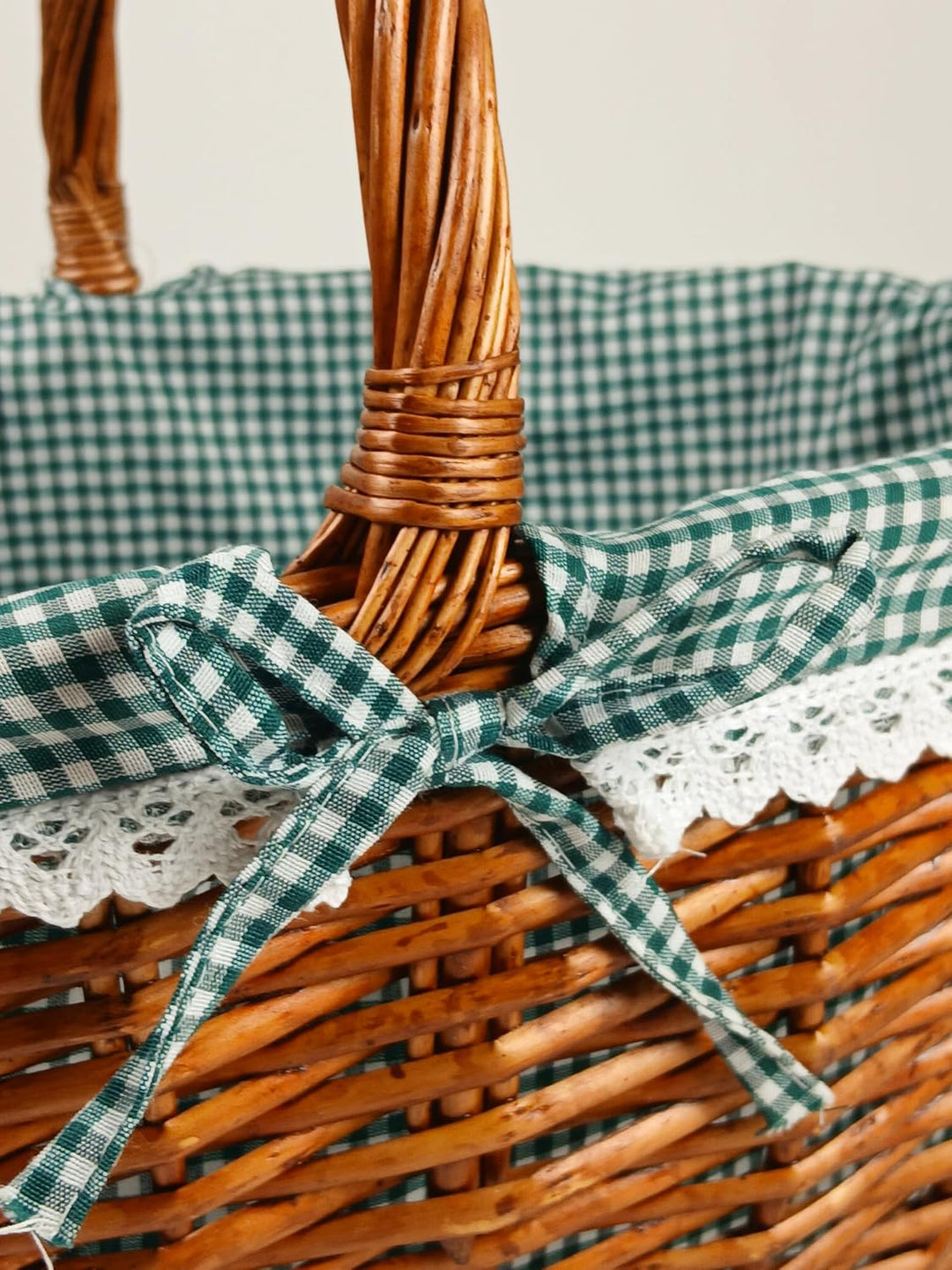 Kobolo Einkaufskorb geflochten Weide -mit Textil ausgeschlagen- grün weiss kariert - 45x34x20 cm
