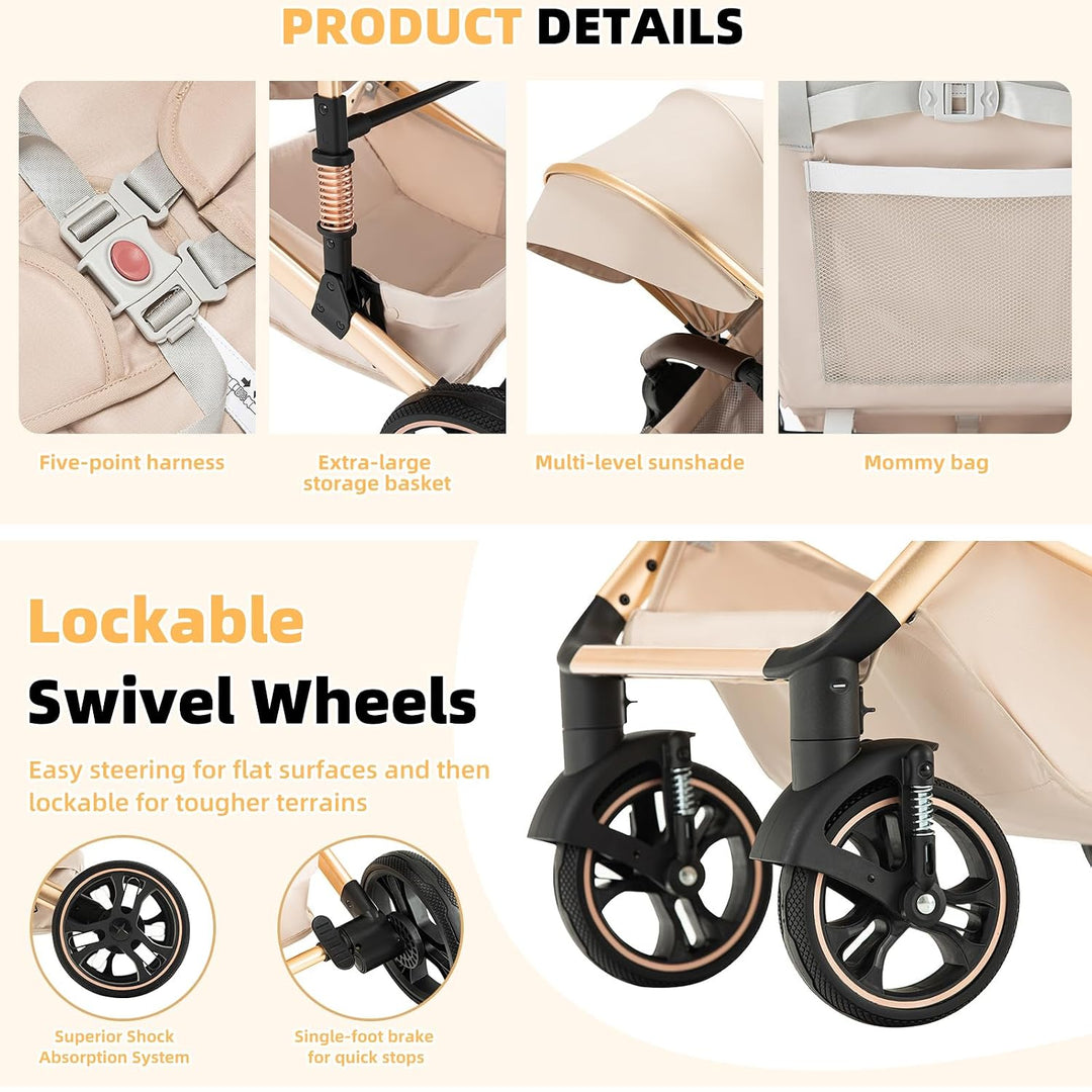 kinderwagen 3 in 1 Buggy Babybett Komplett Set Einem Klick Zusammenklappbarer Kinderwagen, 3 in 1 Ko