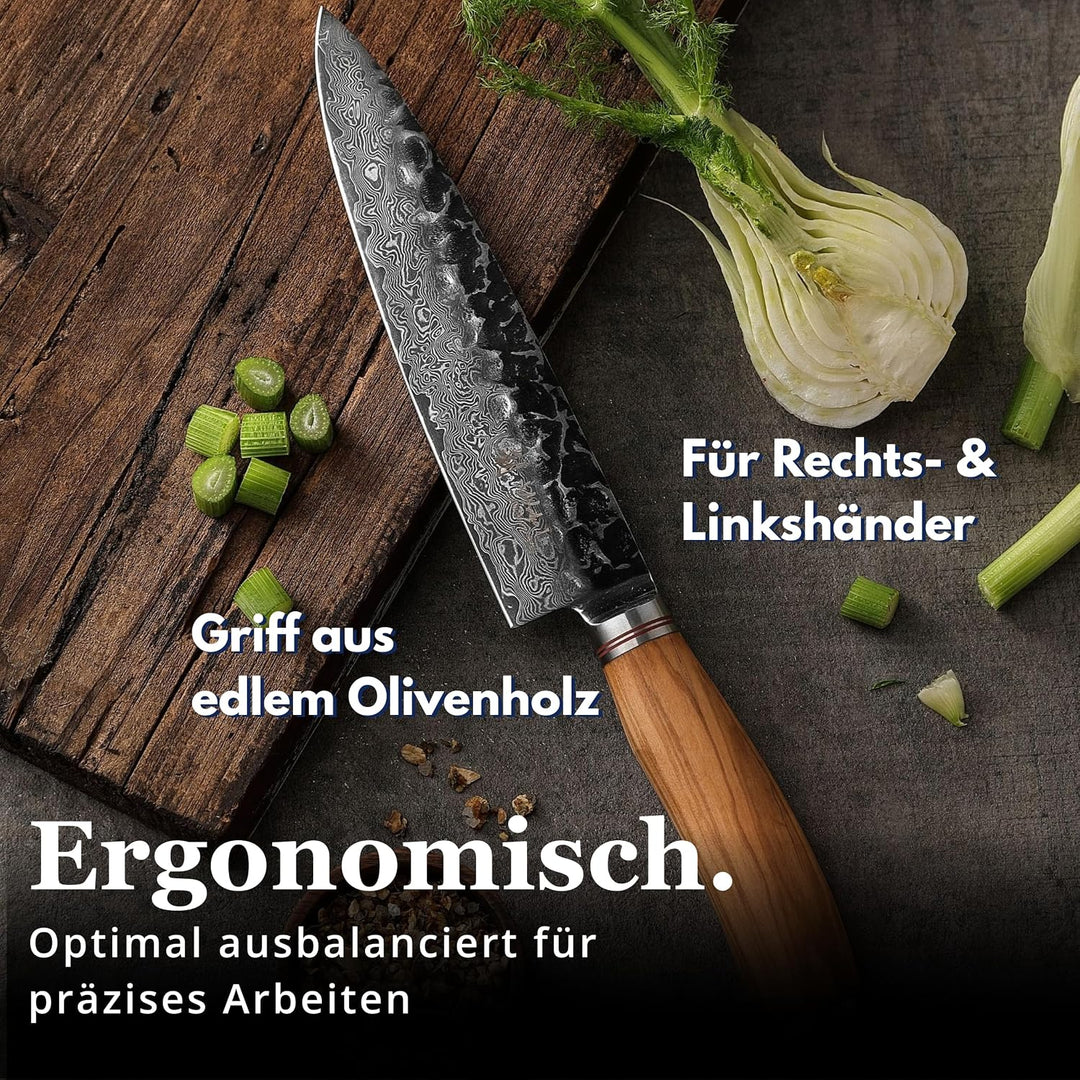 Wakoli Olive HS Kochmesser aus echtem Damaststahl (VG10 Kern) mit 20 cm Klinge – Scharf & ausbalanci