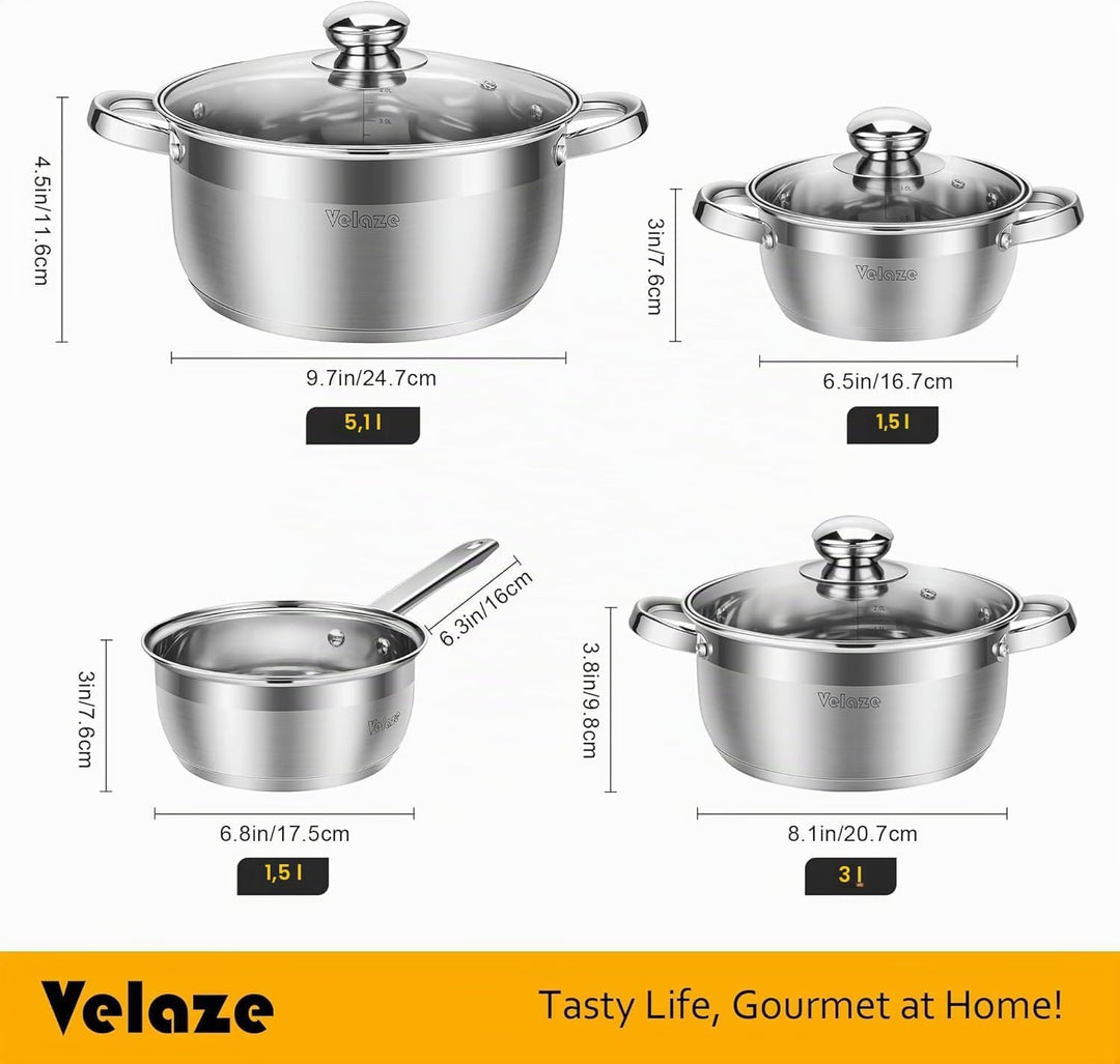 Velaze Töpfe Set, 7-teilig Kochtopf Set aus Edelstahl, Topf Induktion mit Glasdeckeln, PFOA frei, Kl