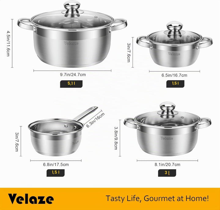 Velaze Töpfe Set, 7-teilig Kochtopf Set aus Edelstahl, Topf Induktion mit Glasdeckeln, PFOA frei, Kl