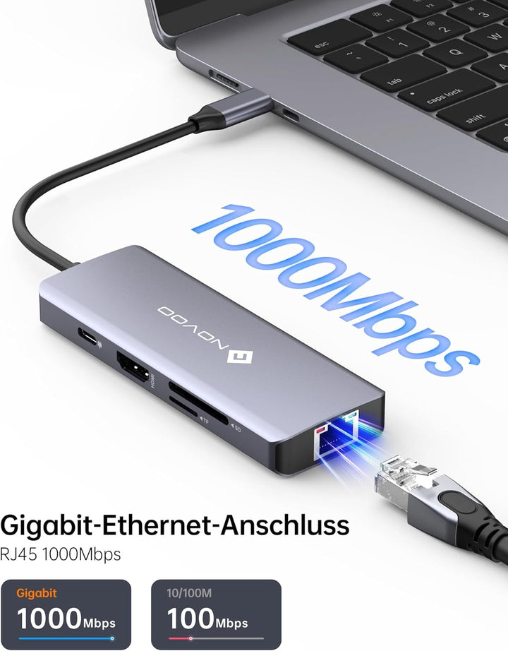 NOVOO USB C Hub 4K@60Hz HDMI 8-in-1 USB C Adapter Gigabit Ethernet Docking Station mit 100W PD, SD/T