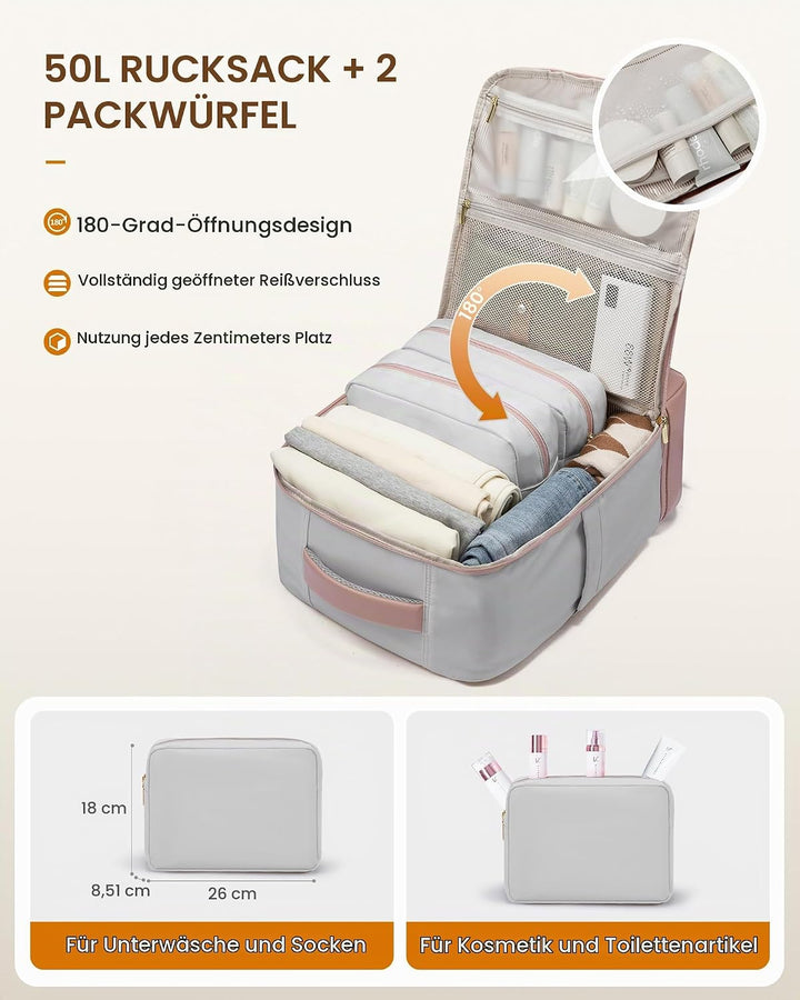 LOVEVOOK Handgepäck Reiserucksack mit separatem Schuhfach, 50L Rucksack Damen Gross mit Nass- und Tr