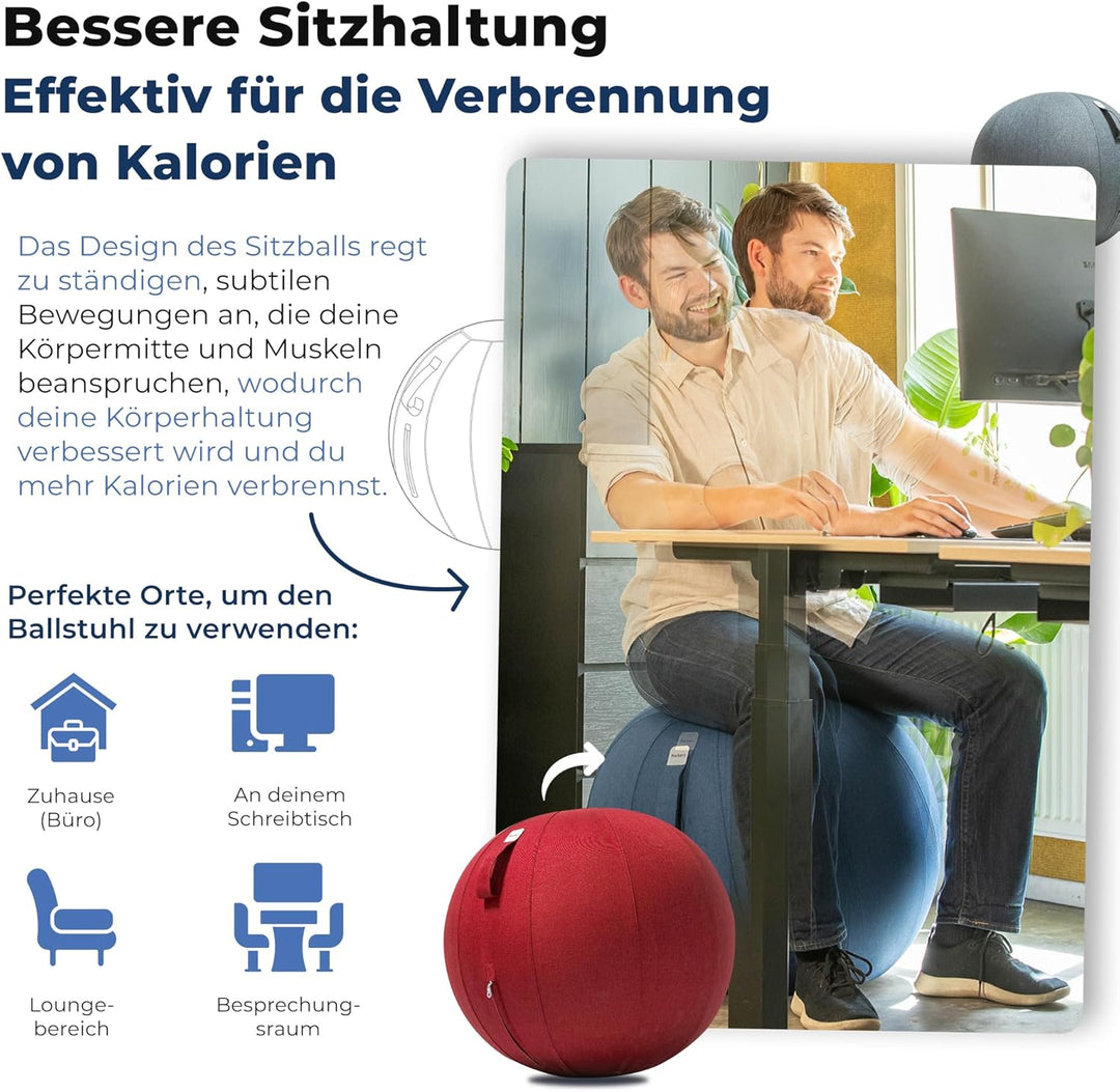 Sitzball Büro Ergonomisch 65 cm, Ergonomische Sitzmöbel für Büro und Heimbüro, Langlebiger Stoff, Gy