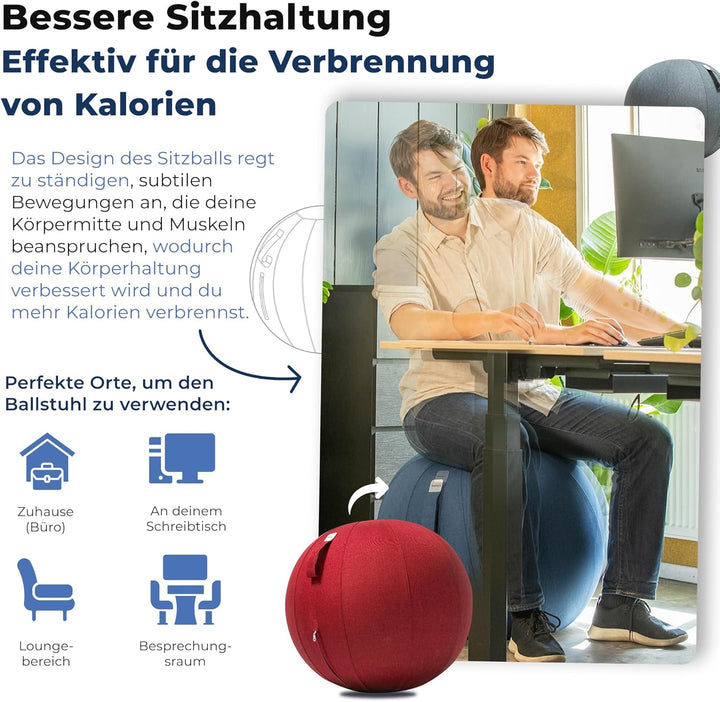 Sitzball Büro Ergonomisch 65 cm, Ergonomische Sitzmöbel für Büro und Heimbüro, Langlebiger Stoff, Gy