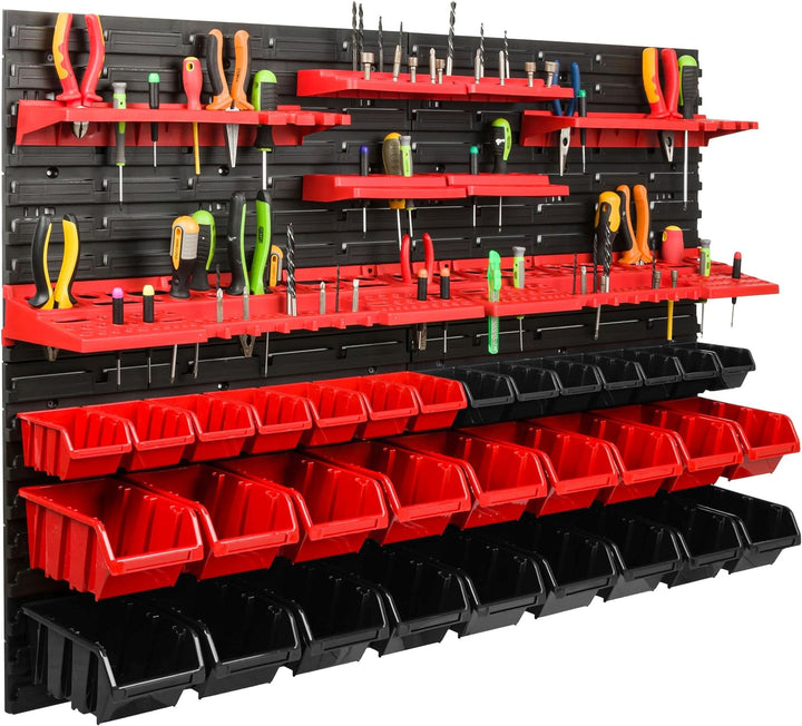 Lagersystem Werkstattregal | 115 x 78 cm | 32 stck. Box | Wandregal mit Werkzeughalterungen und Stap