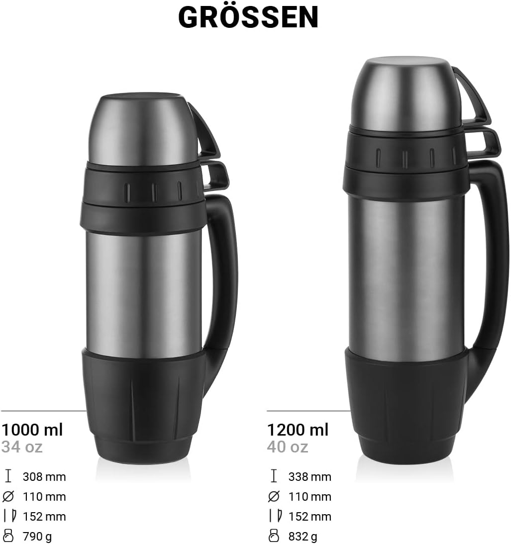 720°DGREE Thermoskanne mit 2 Bechern “bigBoy“ 1,2 Liter - Auslaufsicher, Robust - Premium Edelstahl