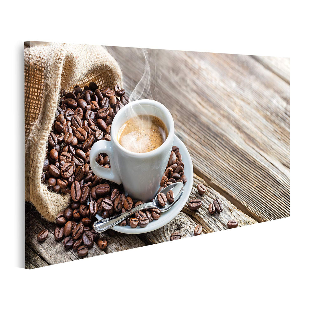 islandburner Bild auf Leinwand Espresso Kaffeetasse Bohnen Vintage Tisch Bilder Wandbilder Poster, L