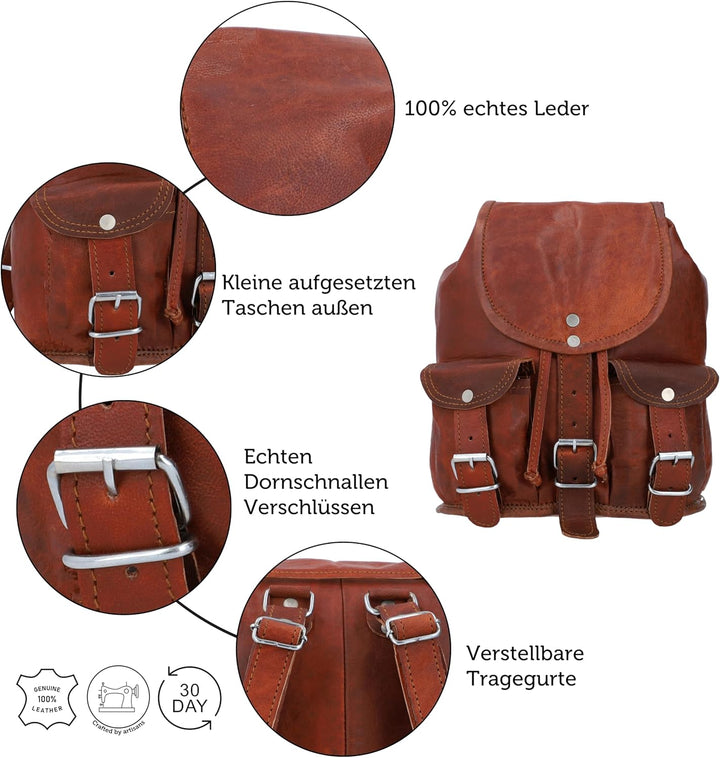 Gusti Cityrucksack Leder - Lena kleiner Rucksack Vintage Braun Leder Damen
