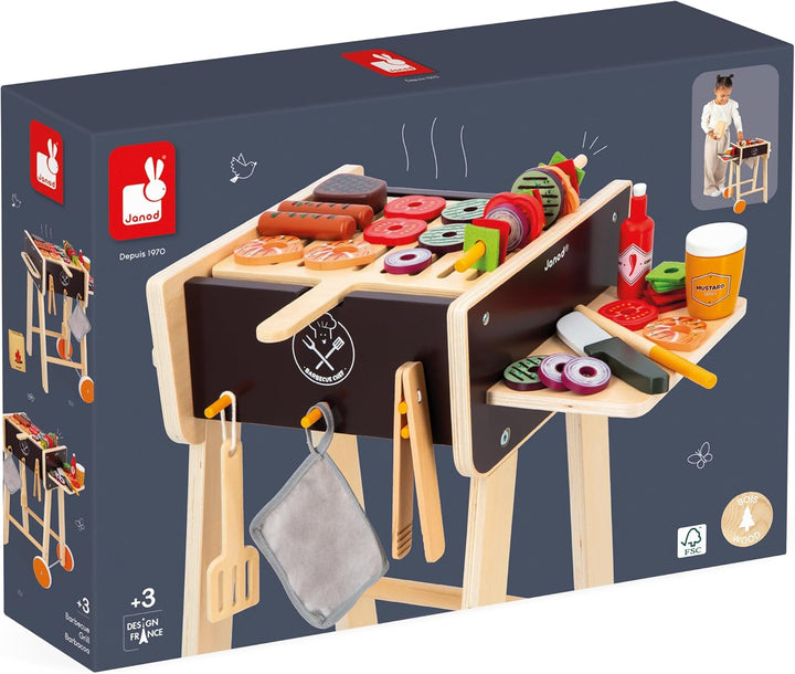 Janod - Grill aus Holz - Rollenspielzeug Küche und Puppengeschirr für Kinder - Inklusive 57 Zubehört